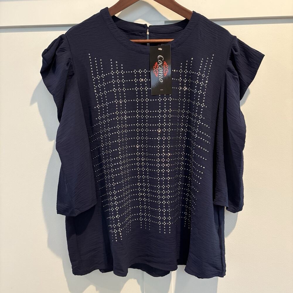 NWT Cocomo Woman Tunic Blouse Women XL Navy Blue Studded Top‎ Flowy Puff Sleeve
